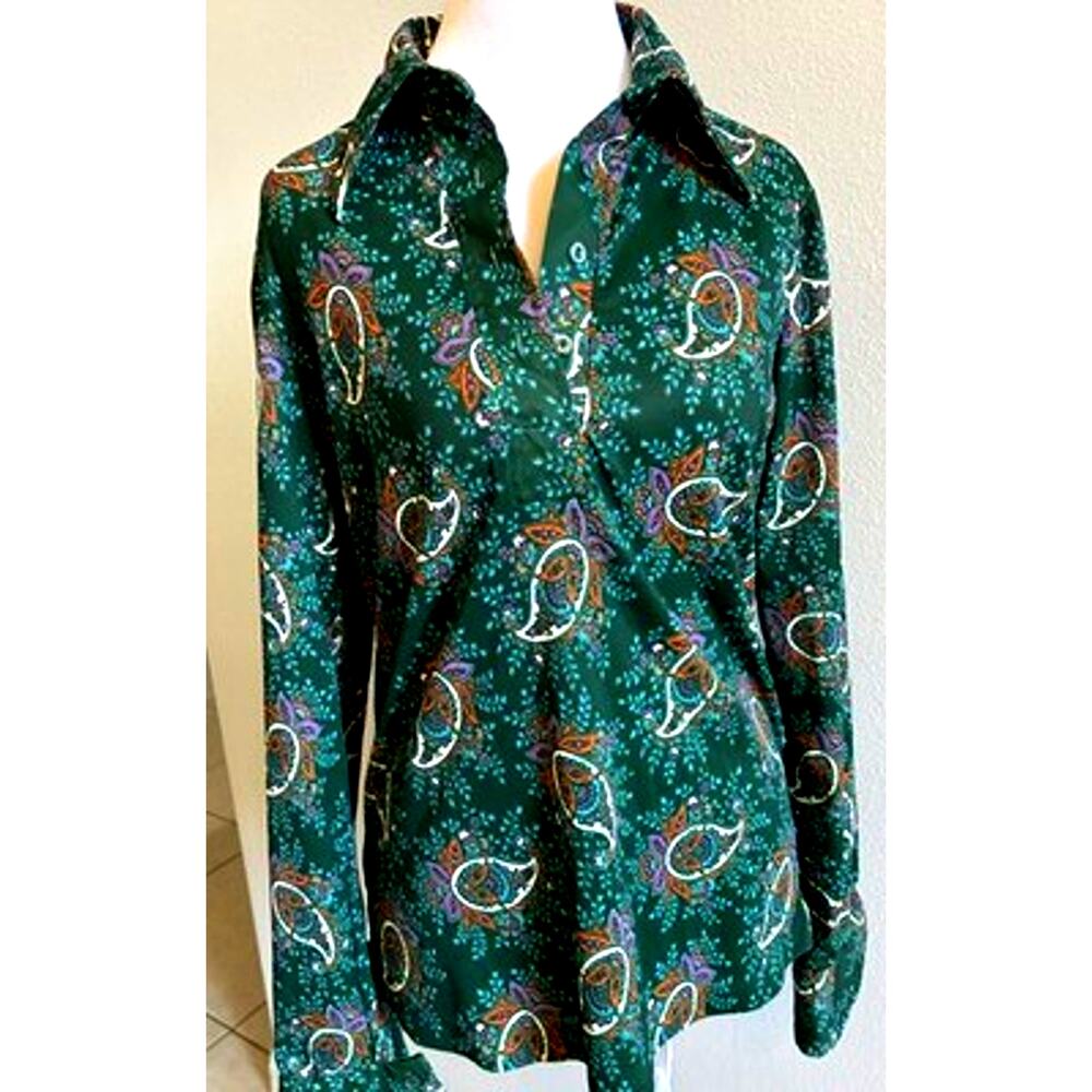 VTG 70s Sears Blouse Womens Green Paisley Psychedelic Disco Earthy 60s Retro S